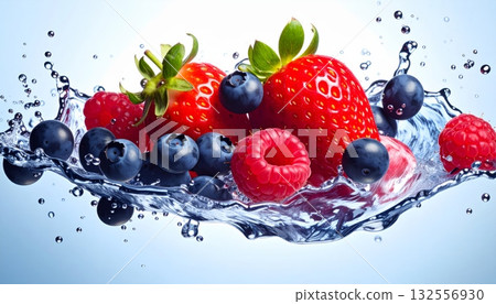 Fresh, healthy red strawberries and blueberries splash into water, a perfect summer dessert 132556930