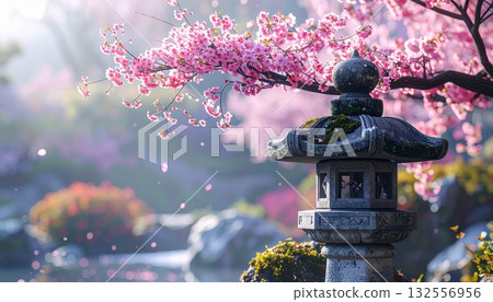 A traditional Japanese temple with a pagoda and stone lantern stands beside a fountain in a tranquil garden A traditional Japanese temple with a pagoda and stone lantern stands beside a fountain in a tranquil garden 132556956