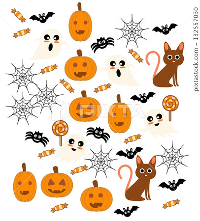 可愛的許多聖徒節標誌，包容南瓜，鬼魂，貓和蝙蝠 132557030