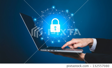 AI-generated image of office computers, internet security and data protection 132557080