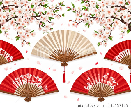 A traditional red Japanese folding fan opened with intricate paper patterns. 132557125