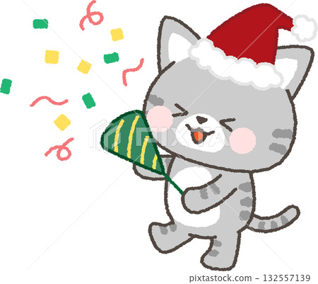 A tabby cat wearing a Santa hat popping a cracker 132557139