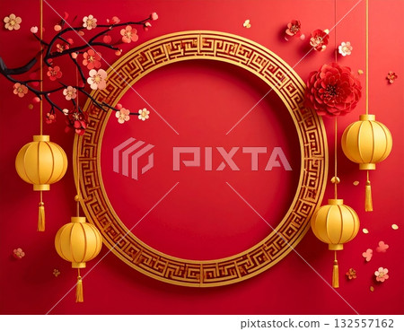 Traditional red lanterns are hung as Chinese New Year decorations in temples, celebrating the vibrant culture and traditions in China. 132557162