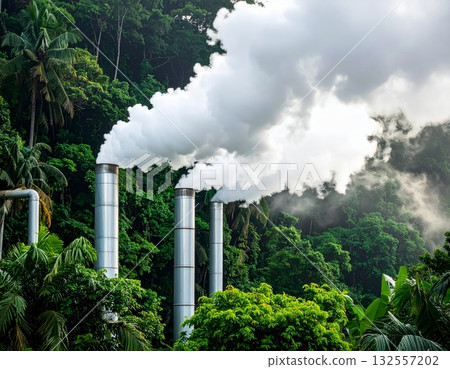 Industrial power plant chimneys emit white smoke and steam into the blue sky 132557202