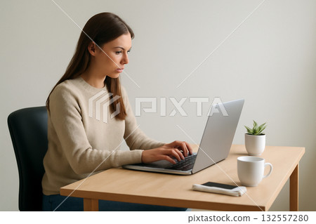 AI generated young woman working remotely in a minimalist home office. Focused on her laptop with soft natural light. A calm and professional atmosphere for modern workspaces. 132557280