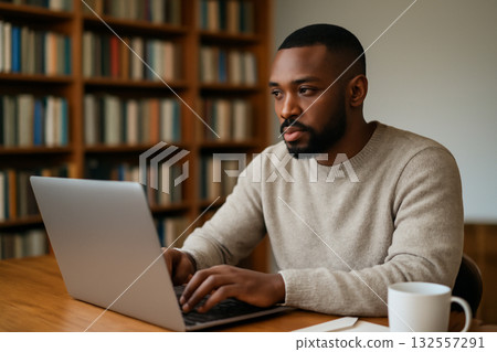 AI generated Black man working from home with a laptop in a cozy office. The bookshelf and natural light create a calm, productive environment. Ideal for remote work, productivity, lifestyle themes. 132557291