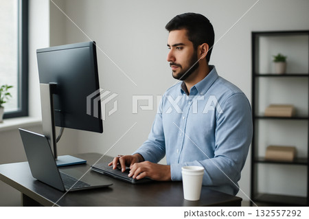 AI generated young Hispanic man working remotely at a modern standing desk with multiple screens. The photo conveys focus, productivity, and a professional workspace atmosphere. 132557292