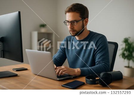 AI generated focused Caucasian man in glasses working in a bright, modern home office surrounded by tech gadgets and plants. Ideal for themes of productivity, technology, work-from-home environments. 132557293