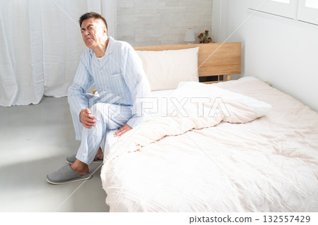 A man wakes up in bed and complains of knee pain A man wakes up in bed and complains of knee pain 132557429