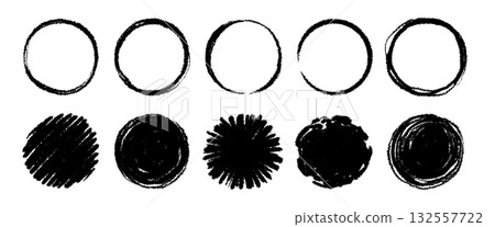 Hand drawn brush round vector set. Crayon pencil brush stroke black round shape. Scribble sketch hand drawn crayon, ink splash, rough dot texture circle elements. Vector Hand drawn brush round vector set. Crayon pencil brush stroke black round shape. Scribble sketch hand drawn crayon, ink splash, rough dot texture circle elements. Vector 132557722