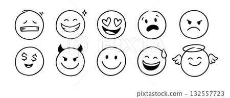 Face emoji icon set. Hand drawn doodle sketch style happy, angry, sad mood face emoticon background. Funny cartoon characters smile, wink, kiss emoji. Cute line emotion element. Vector Face emoji icon set. Hand drawn doodle sketch style happy, angry, sad mood face emoticon background. Funny cartoon characters smile, wink, kiss emoji. Cute line emotion element. Vector 132557723
