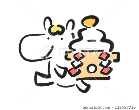 White horse holding a kagami mochi (rice cake) in ink painting. New Year's material. Hand-drawn. White horse holding a kagami mochi (rice cake) in ink painting. New Year's material. Hand-drawn. 132557730