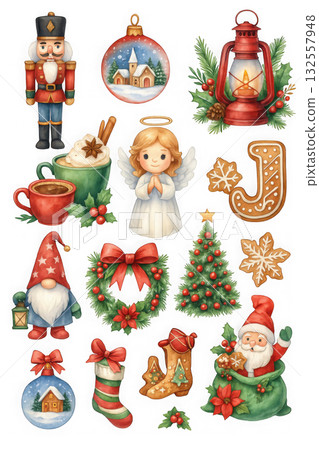 collection of festive Christmas themed illustrations featuring nutcracker, ornaments, angel, lantern, hot chocolate, gnomes, wreath, Christmas tree, cookies, and Santa Claus, evoking joyful 132557948