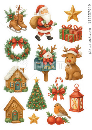 Festive Christmas themed illustration featuring Santa, reindeer, gifts, and decorations 132557949