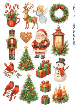 This festive illustration features variety of Christmas themed elements, including Santa Claus, snowman, Christmas trees, and gifts, all adorned with vibrant colors and holiday cheer This festive illustration features variety of Christmas themed elements, including Santa Claus, snowman, Christmas trees, and gifts, all adorned with vibrant colors and holiday cheer 132557952