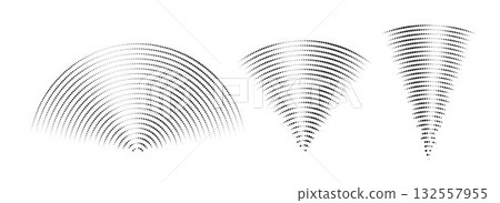Dotted sound wave signal set. Radial radio and music audio icon collection. Rippled radar vibration element sign bundle. Black curved impulse pack. Echo soundwave symbols. Vector 132557955