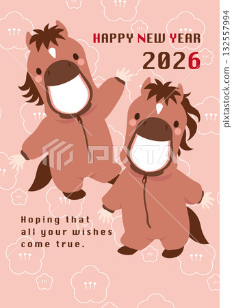 新年賀卡向量圖，包含兩套可搭配照片的馬匹服裝。 132557994