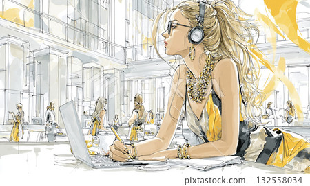 工作在書桌工作的婦女 132558034