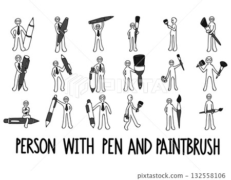 Person With Pen And Paintbrush Doodle vector icon set. Drawing sketch illustration hand drawn line eps10 132558106