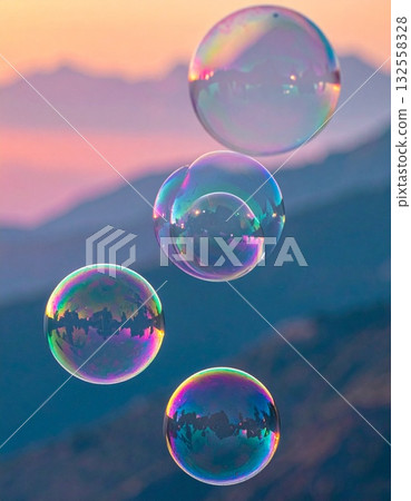 Several iridescent soap bubbles floating Several iridescent soap bubbles floating 132558328