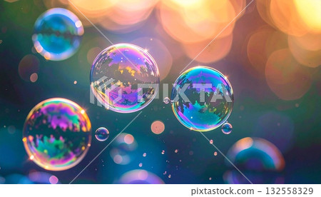 Several iridescent soap bubbles floating 132558329