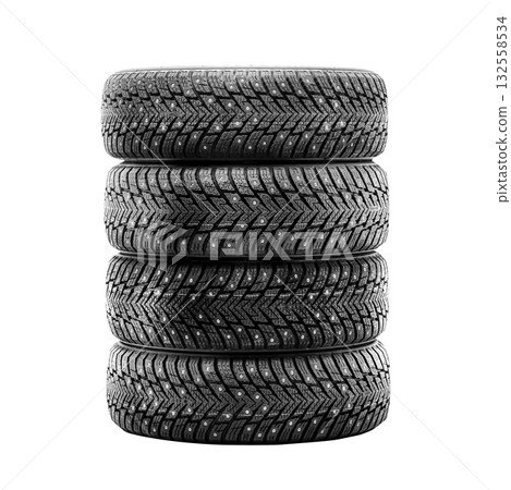 Four winter tires are neatly stacked on a white background, showcasing a durable tread design ideal for car repair, replacement, or retail. A clean and simple display for potential buyers. Four winter tires are neatly stacked on a white background, showcasing a durable tread design ideal for car repair, replacement, or retail. A clean and simple display for potential buyers. 132558534