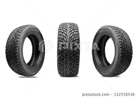 Three winter tires without spikes, with a friction winter compound and multiple slats for effective braking on ice, on a white transparent background. Presentation of winter wheels during the tire Three winter tires without spikes, with a friction winter compound and multiple slats for effective braking on ice, on a white transparent background. Presentation of winter wheels during the tire 132558536