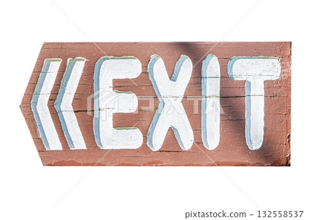 Wooden signpost featuring the word exit in bold white letters with arrows pointing to the left, crafted with a beach style look, isolated on a white background for design use. 132558537