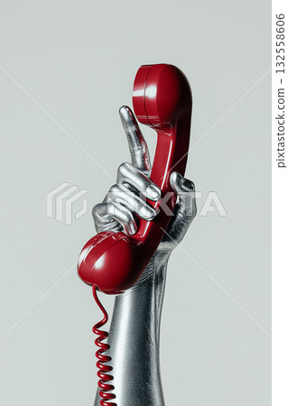 A silver-painted hand grips a vibrant red handset, illustrating the idea of communication and connection in a creative and artistic manner. This artwork represents customer service calls. 132558606