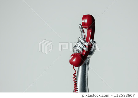 Call me. A concept hand in silver paint holds a bright red handset. art is a concept. for customer support, phone calls, and communication between people and customers. 132558607