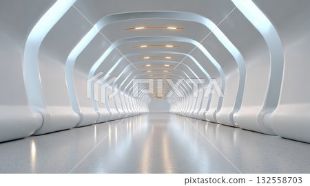 A long futuristic white tunnel with glowing elements and a reflective floor creating a sense of depth and modern design A long futuristic white tunnel with glowing elements and a reflective floor creating a sense of depth and modern design 132558703