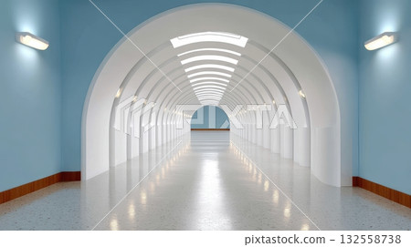 Modern futuristic corridor with white arches and blue walls Modern futuristic corridor with white arches and blue walls 132558738