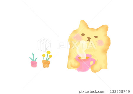 Watercolor illustration of a cute cat drinking a hot drink Watercolor illustration of a cute cat drinking a hot drink 132558749