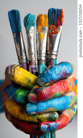 Colorful hand holding paintbrushes, creative artistic expression, close up vertical image 132558954