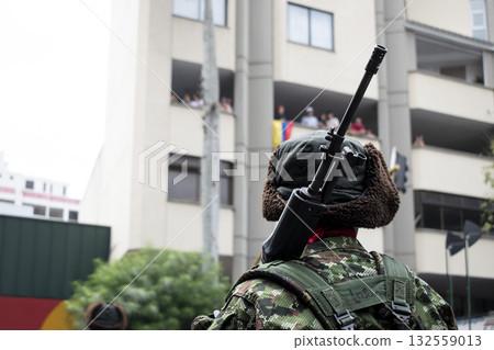 Soldier with rifle, Armed military in operation, Armed forces in action 132559013