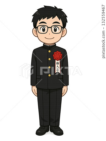 A male student with glasses wearing a school uniform smiling at the entrance ceremony 132559467
