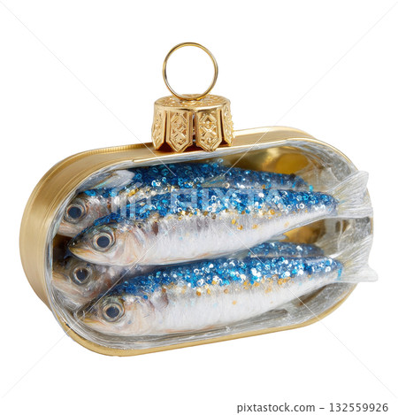 A Christmas bauble designed as an open sardine can with glittery fish 132559926