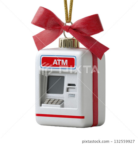 A Christmas ornament designed as a miniature ATM hine with a red bow 132559927