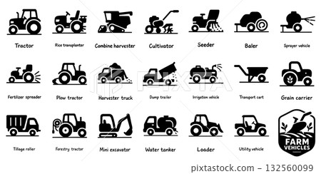 Agricultural vehicles and machinery silhouette set, Farm Vehicles and Machinery Silhouette 132560099