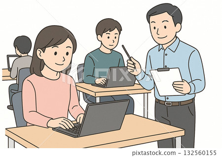 Employment support, computer work, video editing and web production illustrations 132560155