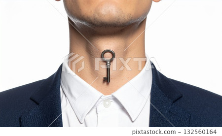 A man in a suit holds a key to his throat. Generative AI 132560164