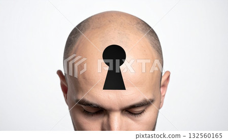Abstract concept art of a shaved man with a keyhole in his forehead. Generative AI Abstract concept art of a shaved man with a keyhole in his forehead. Generative AI 132560165