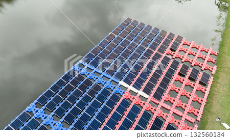 Drone view of Floating Solar Panel. Solar photovoltaic panel PV System in Industry lake water pond 132560184
