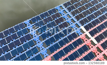 Drone view of Floating Solar Panel. Solar photovoltaic panel PV System in Industry lake water pond Drone view of Floating Solar Panel. Solar photovoltaic panel PV System in Industry lake water pond 132560189