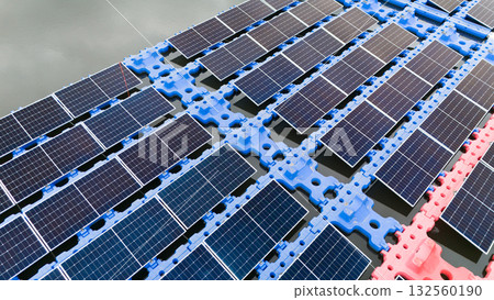Drone view of Floating Solar Panel. Solar photovoltaic panel PV System in Industry lake water pond 132560190
