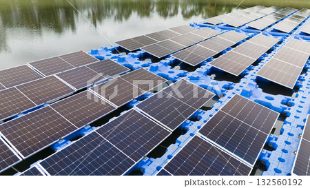 Drone view of Floating Solar Panel. Solar photovoltaic panel PV System in Industry lake water pond 132560192