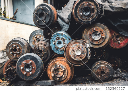 garage scrapyard, old used vehicle spare part engine block car body parts storage for recycle or repair for sale 132560227