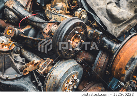 garage scrapyard, old used vehicle spare part engine block car body parts storage for recycle or repair for sale garage scrapyard, old used vehicle spare part engine block car body parts storage for recycle or repair for sale 132560228