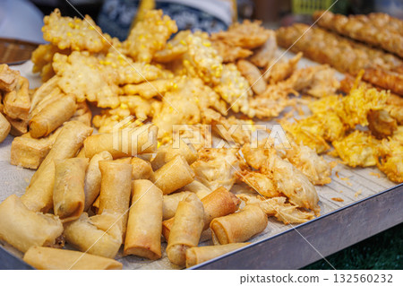Spring rolls, Vegetarian Festival (J Festival) In Thailand at Yaowarat China town, Street food mix fried foods 132560232
