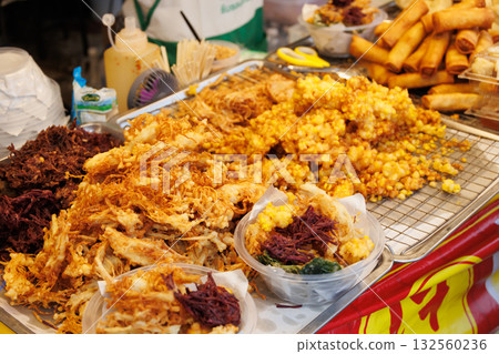 Vegetarian Festival (J Festival) In Thailand at Yaowarat China town, Street food vegetable mushroom mix fried dough set 132560236